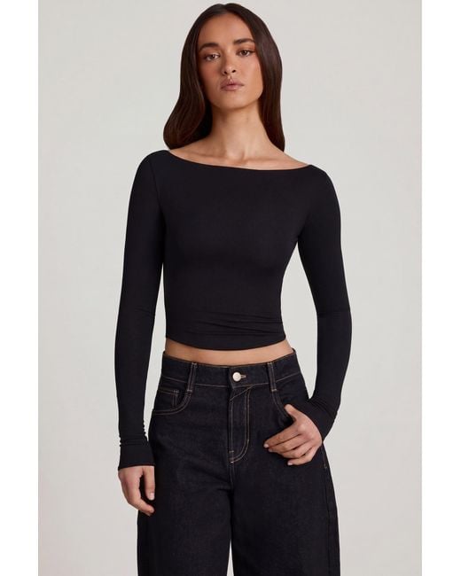 Oh Polly Black Modal Boat-Neck Long-Sleeve Top