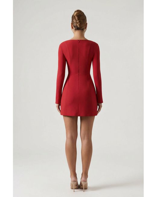 Oh Polly Red Sweetheart-Neck Long-Sleeve A-Line Mini Dress
