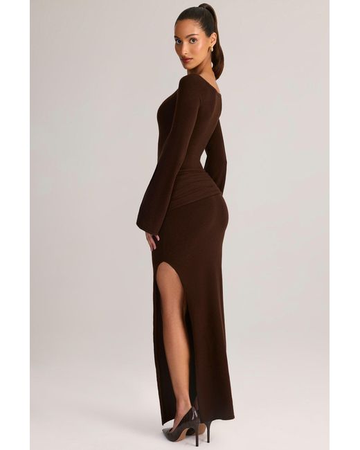 Oh Polly Brown Rib-Knit Boat-Neck Long-Sleeve Maxi Dress