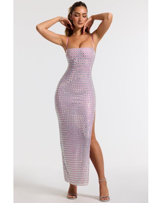 Oh Polly Purple Embellished Square Neck Thigh Split Gown