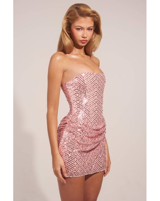 Oh Polly Pink Embellished Draped Strapless A-Line Mini Dress