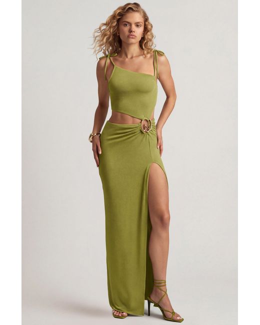 Oh Polly Green Textured Jersey Asymmetric Maxi Dress