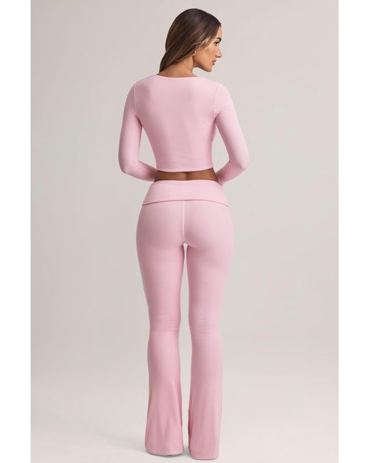 Oh Polly Pink Modal Foldover Mid-Rise Flared Trousers