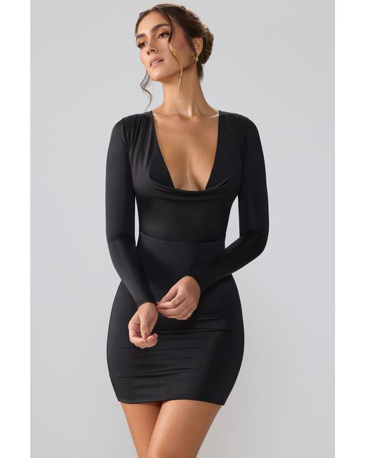 Oh Polly Black Slinky Jersey Long Sleeve Plunge Neck Mini Dress