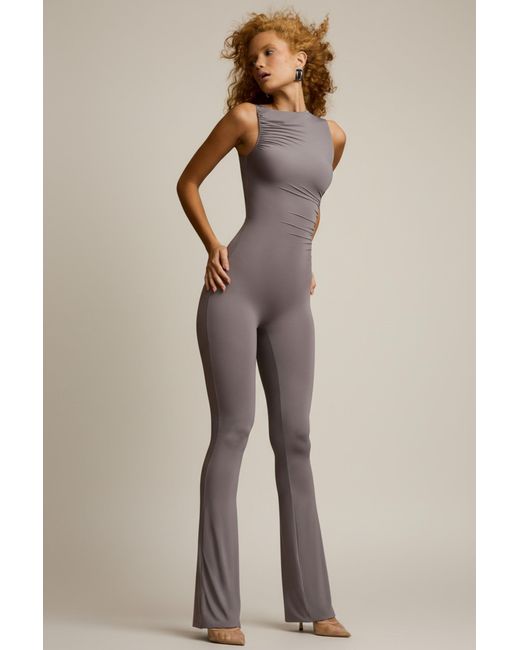 Oh Polly Natural Asymmetric Ruched Flared Jumpsuit