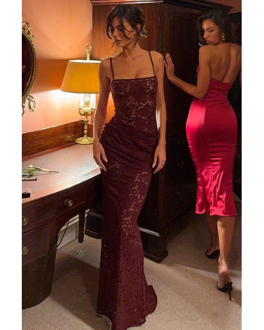 Oh Polly Red Sheer Lace Square-Neck Ruched Gown