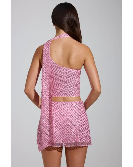 Oh Polly Pink Embellished Asymmetric Scarf-Detail Top