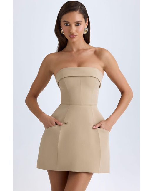 Oh Polly Natural Foldover-Neck Structured Tulip Mini Dress