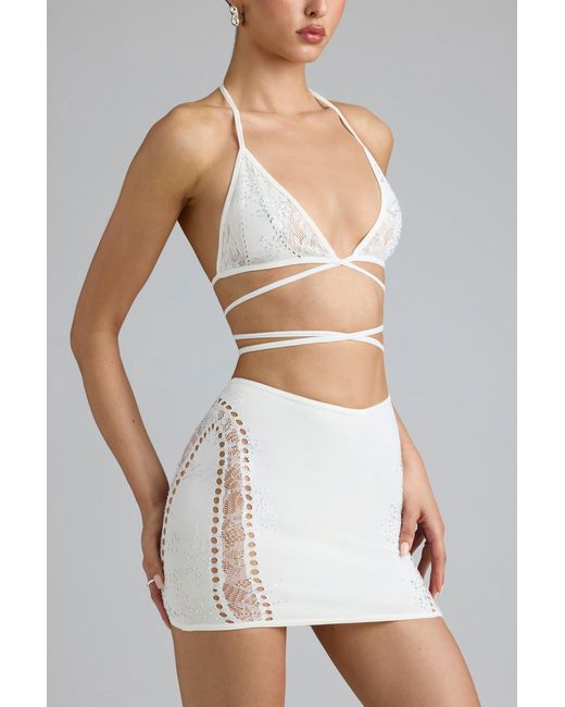 Oh Polly White Embellished Mid-Rise Mini Skirt