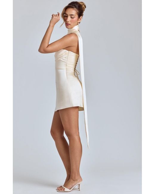 Oh Polly White Draped Halterneck Satin Mini Dress