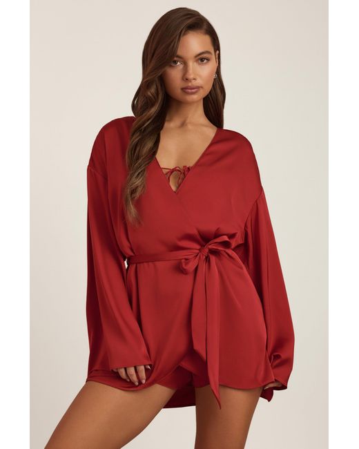 Oh Polly Red Embellished Loose-Fit Wrap-Over Robe