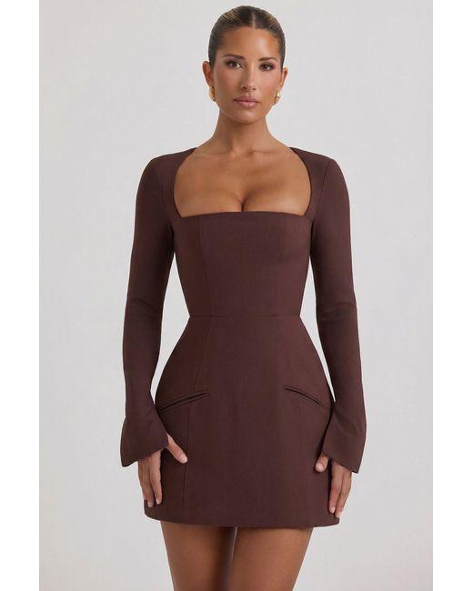Women's Brown Square-Neck Structured Tulip Mini Dress