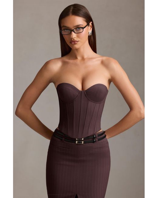 Oh Polly Brown Pinstripe Lace-Up Corset Top