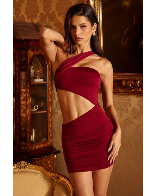 Oh Polly Red Slinky Jersey Ruched Cut Out Mini Dress