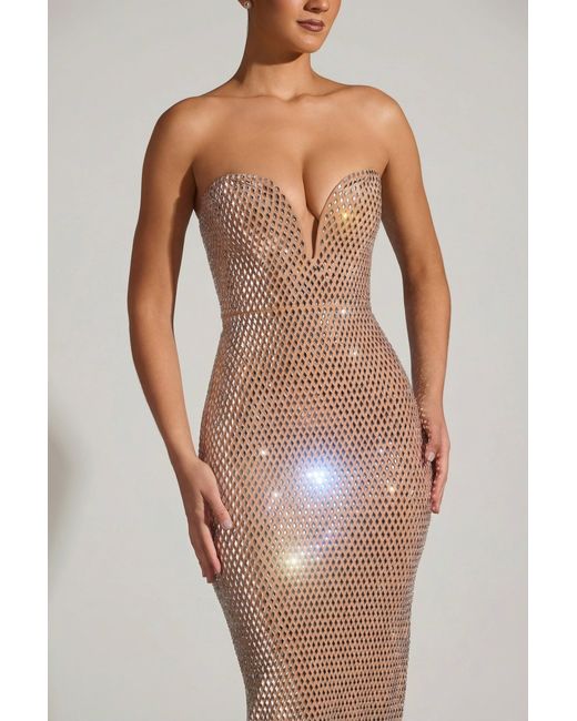 Oh Polly Natural Embellished Strapless Plunge Gown