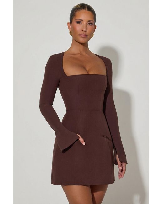 Oh Polly Brown Square-Neck Structured Tulip Mini Dress