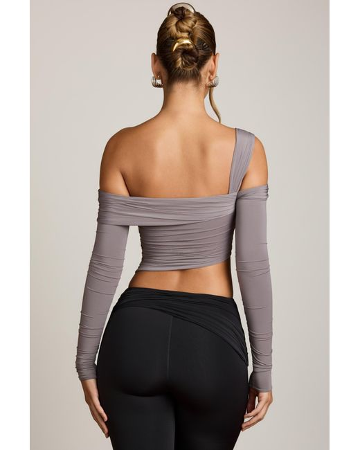 Oh Polly Gray Asymmetric Off-Shoulder Draped Top
