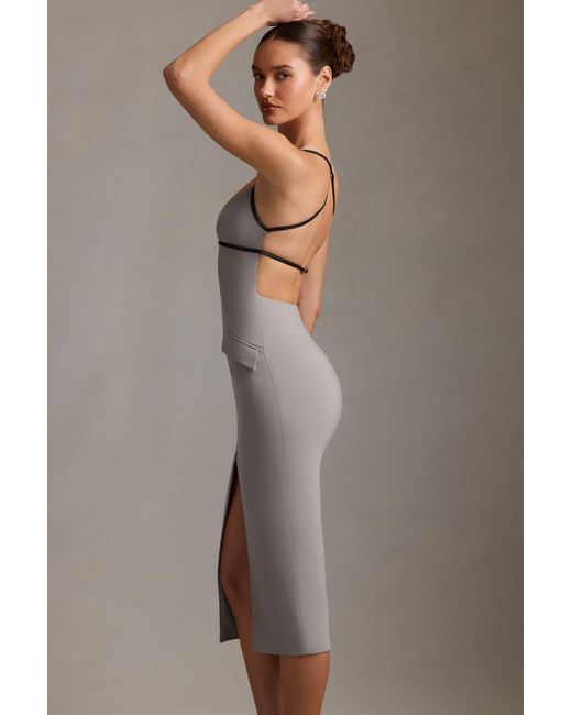 Oh Polly Gray Plunge-Neck Backless Midaxi Dress