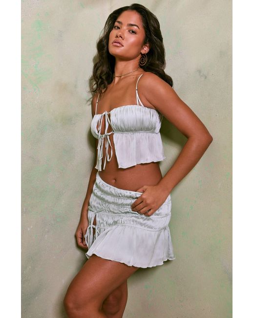 Oh Polly Green Shirred Tie Up Front Crop Top