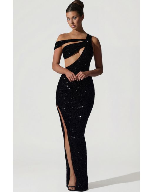 Oh Polly Black Embellished Asymmetric Cut-Out Gown