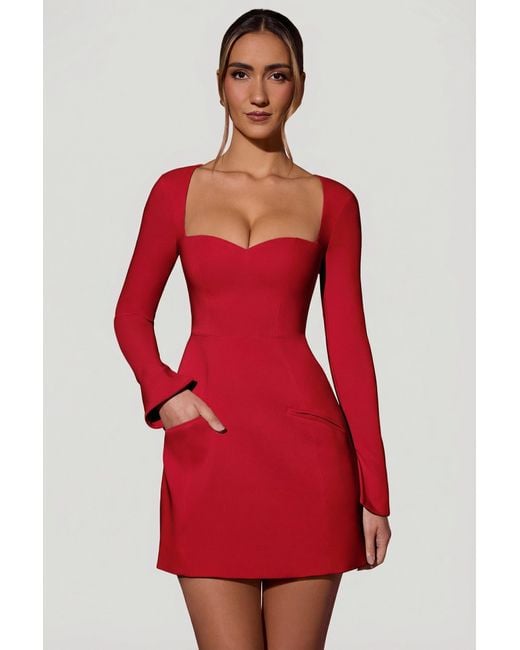 Oh Polly Red Sweetheart-Neck Long-Sleeve A-Line Mini Dress