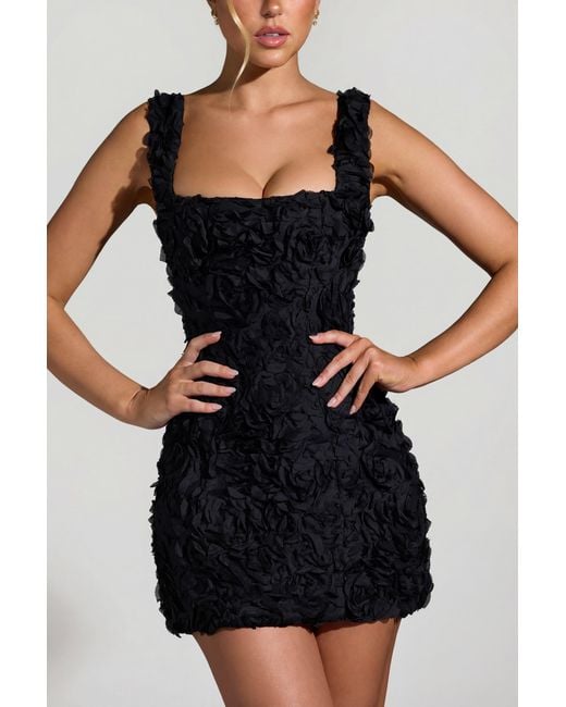 Oh Polly Black Floral-Appliqué Square-Neck Corset Mini Dress