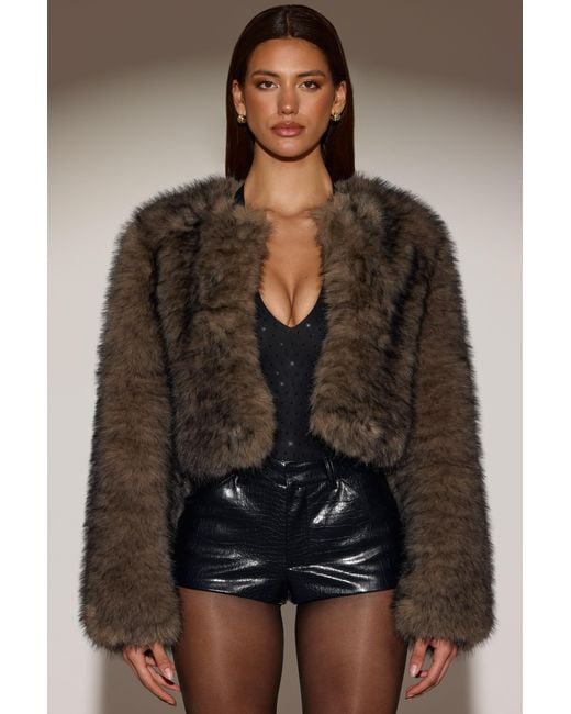 Oh Polly Brown Cropped Faux-Fur Jacket