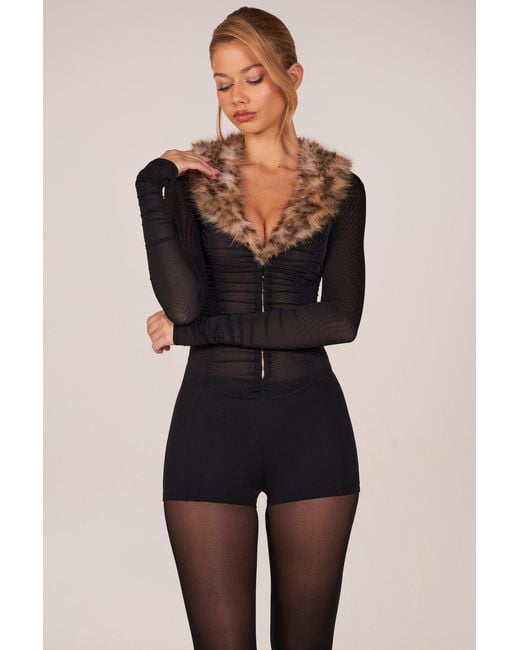 Oh Polly Black Faux Fur-Trim Playsuit