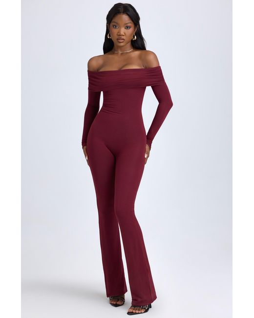 Oh Polly Red Modal Off-Shoulder Ruched Jumpsuit