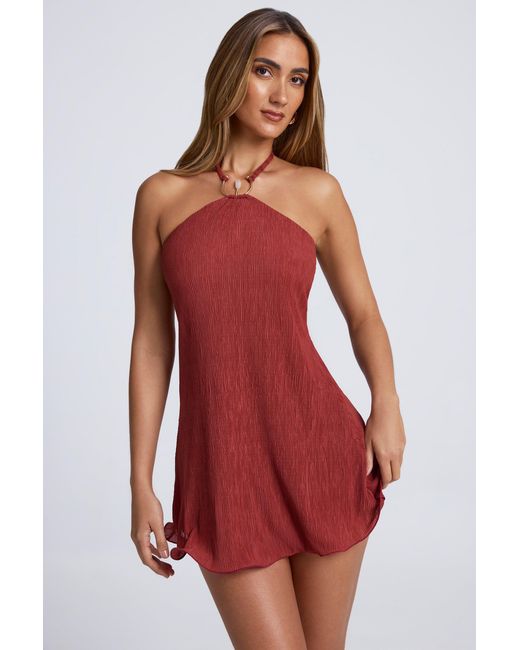 Women's Brown Hardware Detail Open-Back Halterneck Micro Mini Dress