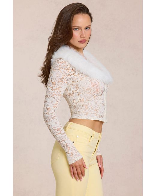 Oh Polly White Lace Faux-Fur-Trim Cardigan