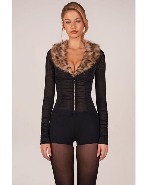 Oh Polly Black Faux Fur-Trim Playsuit