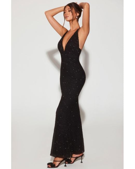 Oh Polly Black Embellished Plunge Halter Neck Evening Gown