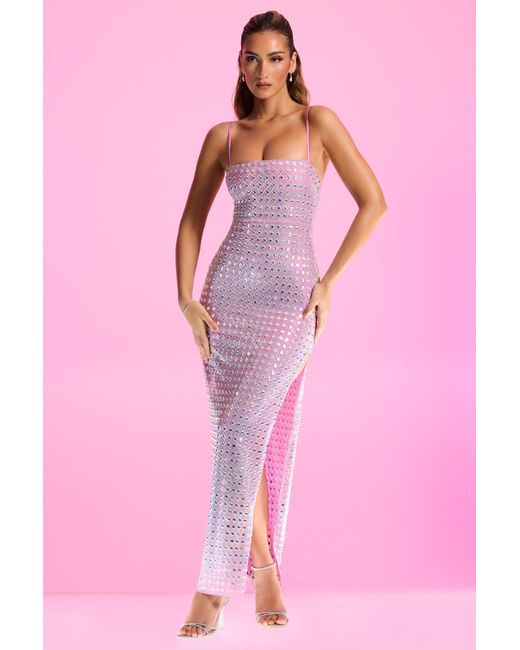 Oh Polly Purple Embellished Square Neck Thigh Split Gown