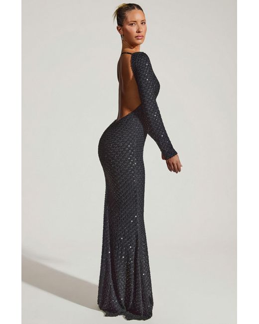 Oh Polly Black Embellished Open-Back Gown