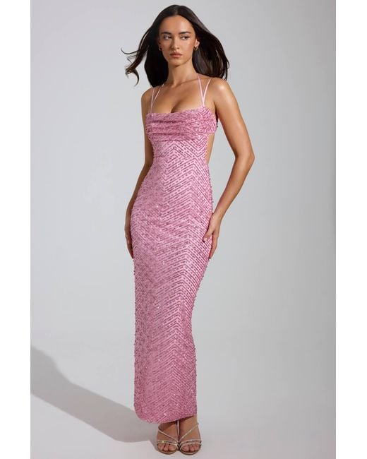 Oh Polly Pink Embellished Cowl-Neck Maxi Dress