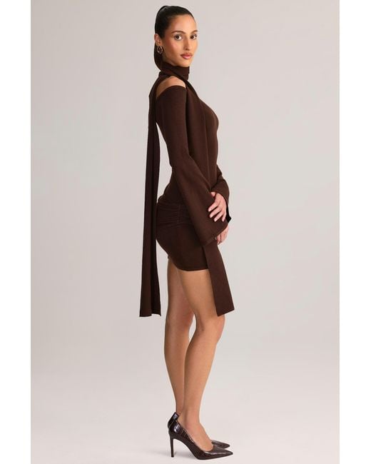 Oh Polly Brown Knit Scarf-Detail Off-Shoulder Mini Dress