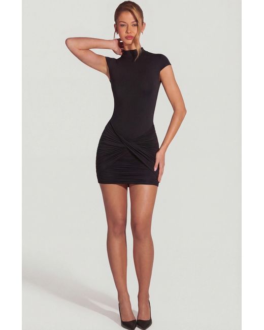 Oh Polly Black Jersey Turtleneck Ruched Backless Mini Dress