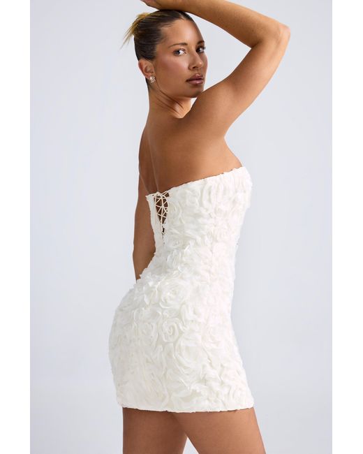 floral-appliqu bandeau a-line mini dress in white Floral Appliqu Bandeau A Line Mini Dress in White