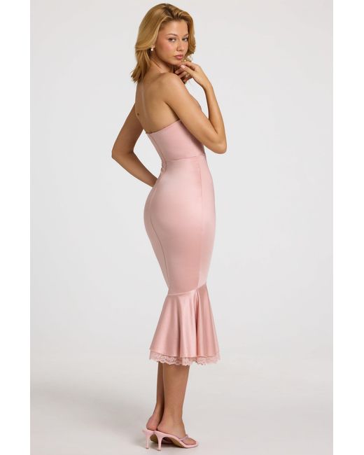 Oh Polly Pink Satin Lace-Trim Bandeau Fluted Midaxi Dress