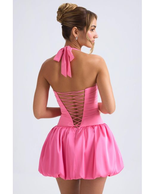 Oh Polly Pink Halterneck Lace-Up Bubble Hem Corset Micro Mini Dress