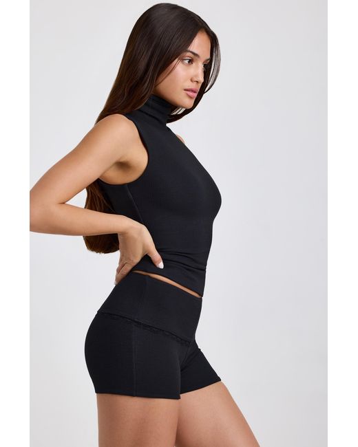 Oh Polly Black Modal Ribbed Mid-Rise Foldover Shorts
