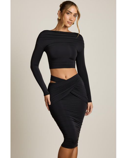 Oh Polly Black Cut-Out Draped High-Rise Midi Skirt