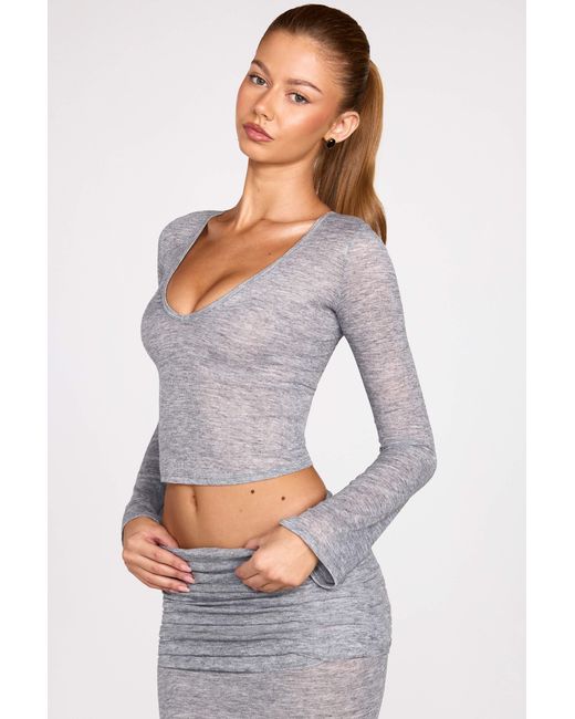 Oh Polly Gray Sheer Jersey Plunge Long-Sleeve Top
