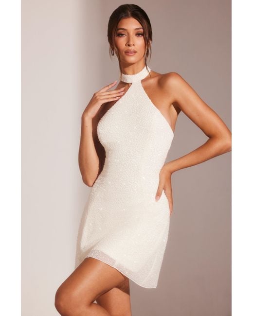Oh Polly White Embellished Asymmetric Neck A-Line Mini Dress