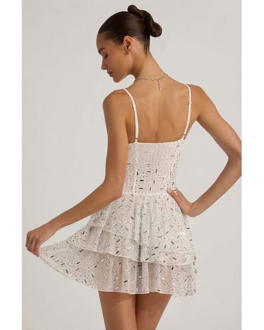 Oh Polly White Embellished Ruffled Tiered Mini Dress