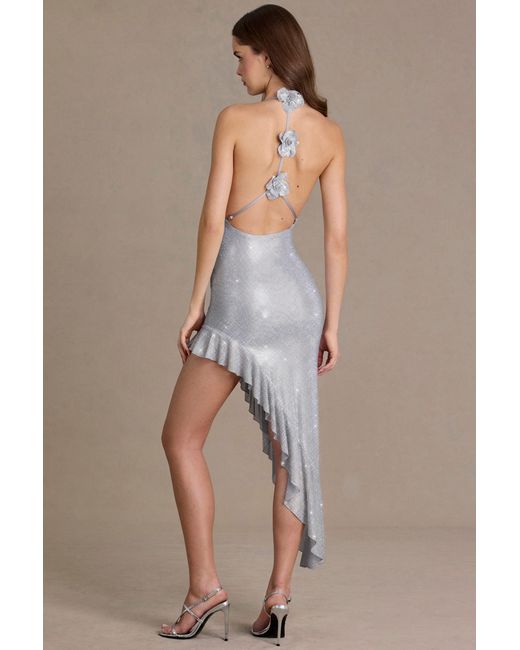 Oh Polly Metallic Embellished Plunge Asymmetric Maxi Dress