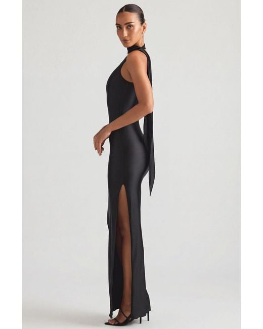 Oh Polly Black Asymmetric Scarf-Detail Maxi Dress