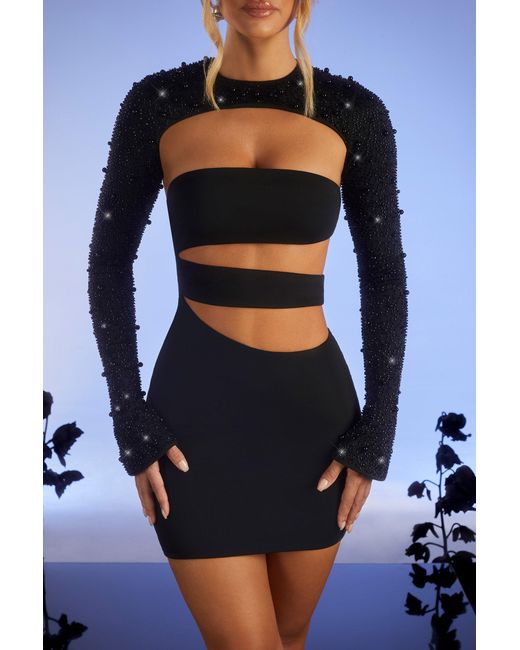 Oh Polly Black Embellished Long Sleeve Cut Out Mini Dress
