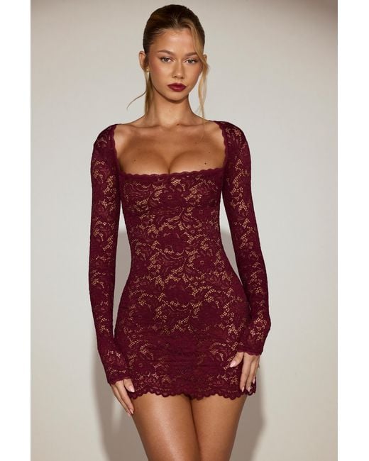 Oh Polly Red Sheer Scalloped-Lace Long-Sleeve Mini Dress